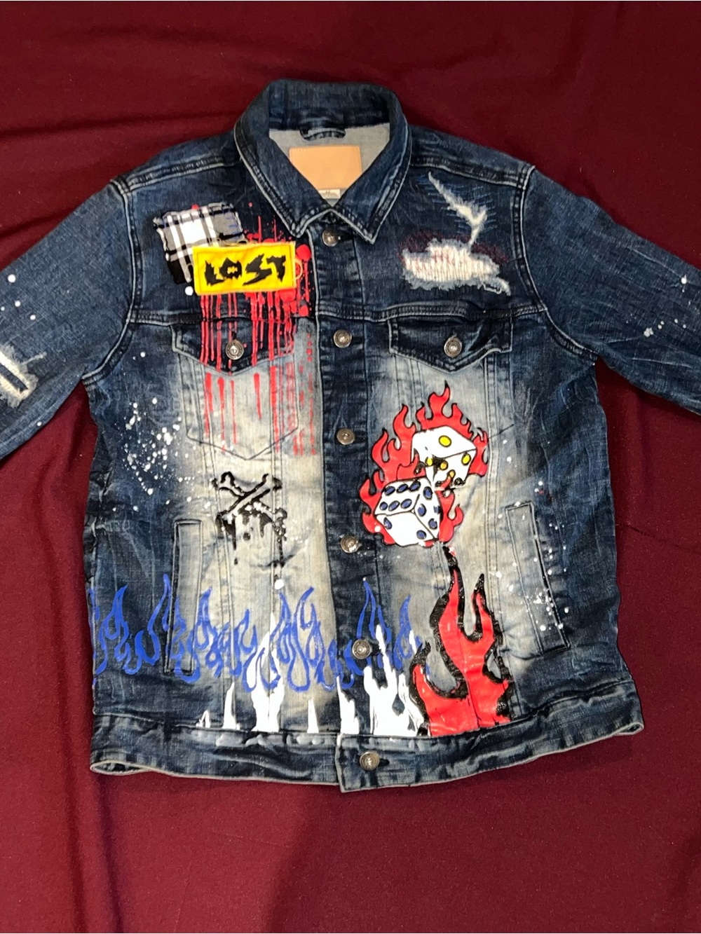 SMOKE RISE DNM CO.Dark Blue Denim Jacket with Graphic Flames & Dice